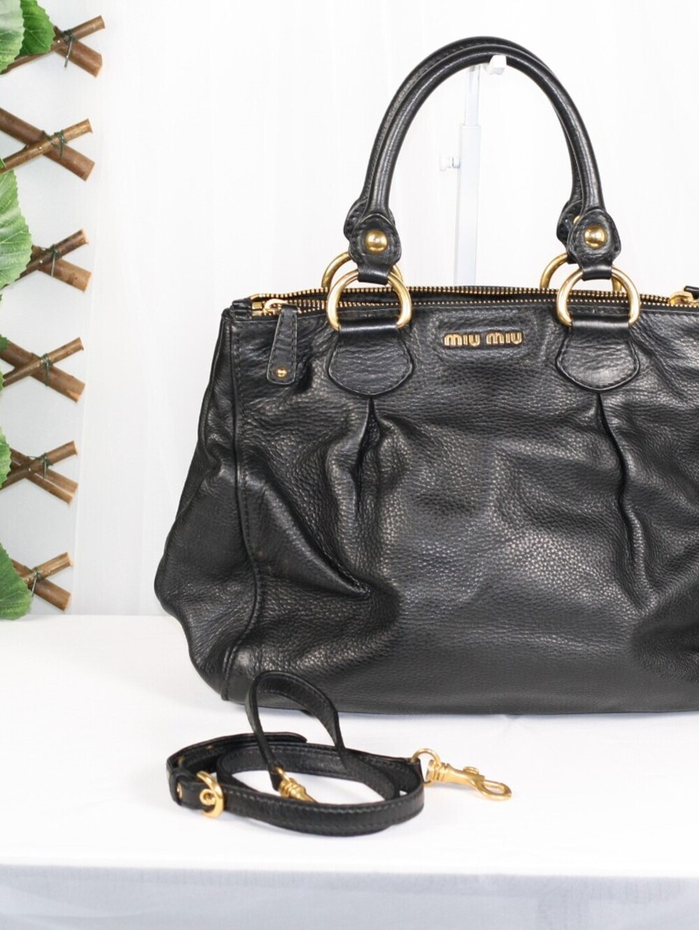 Miu Miu Black Ruched Pebbled Leather 2-Way Top Handle Crossbody Bag